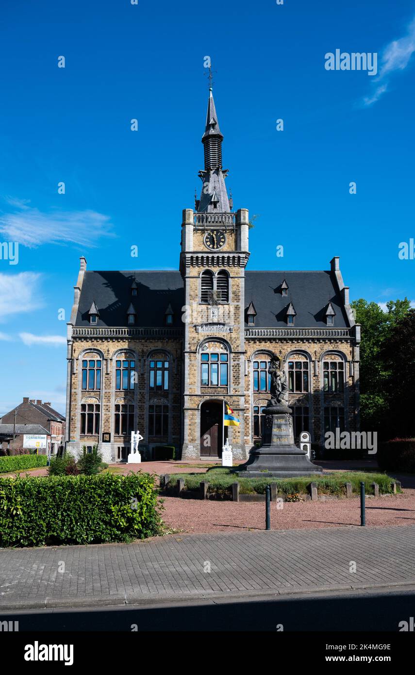 Courcelles, Wallon Region, Belgium, 08 01 2022 Town hall and statue of the village Stock Photo