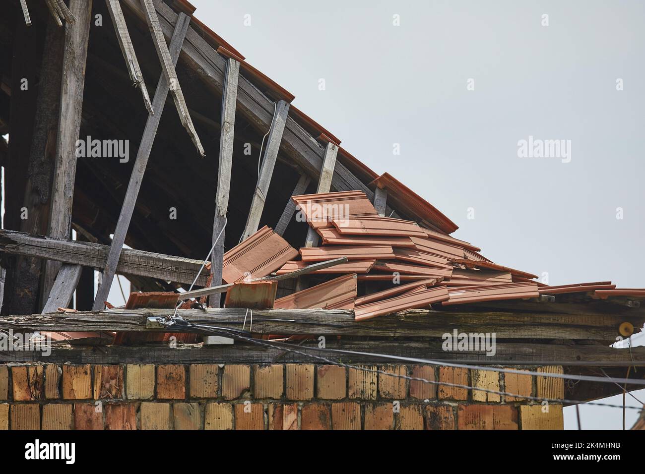 Collapsed House Roof Stock Photo