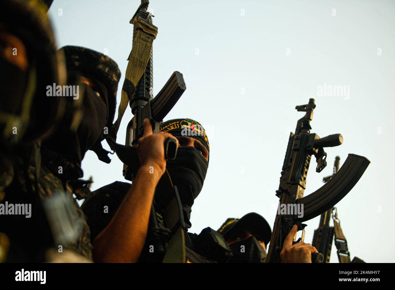 Gaza, Palestine, October 3, 2022. Armed fighters of Al-Quds Brigades, the military wing of Islamic Jihad, participate in an anti-Israel military parade at the Jabalia refugee camp, in northern Gaza, on October 3, 2022. Photo by Ramez Habboub/ABACAPRESS.COM Stock Photo