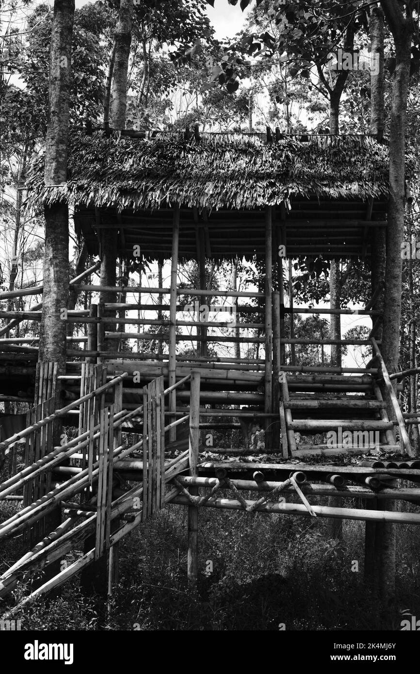 Bamboo hut interior, monochrome photo of a bamboo hut in Zandea park in Cikancung area - Indonesia Stock Photo