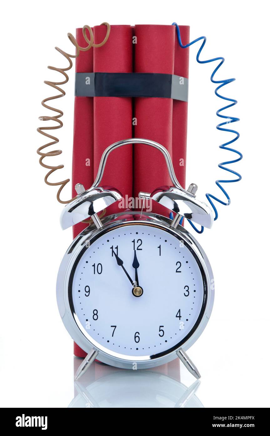 Time bomb, alarm clock attached to dynamite sticks, symbolic image