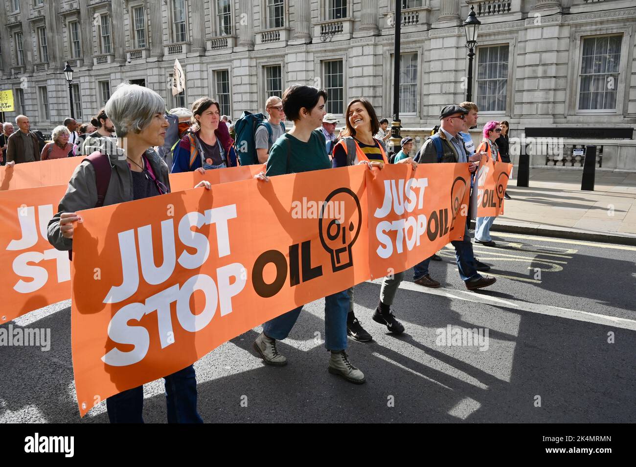 London, UK. Just Stop Oil Protest in Whitehall, Westminster. A group of activists staged a sit in outside No 10 Downing Street and Trafalgar Square. They have pledged to return every day until the government meets their demands. Stock Photo
