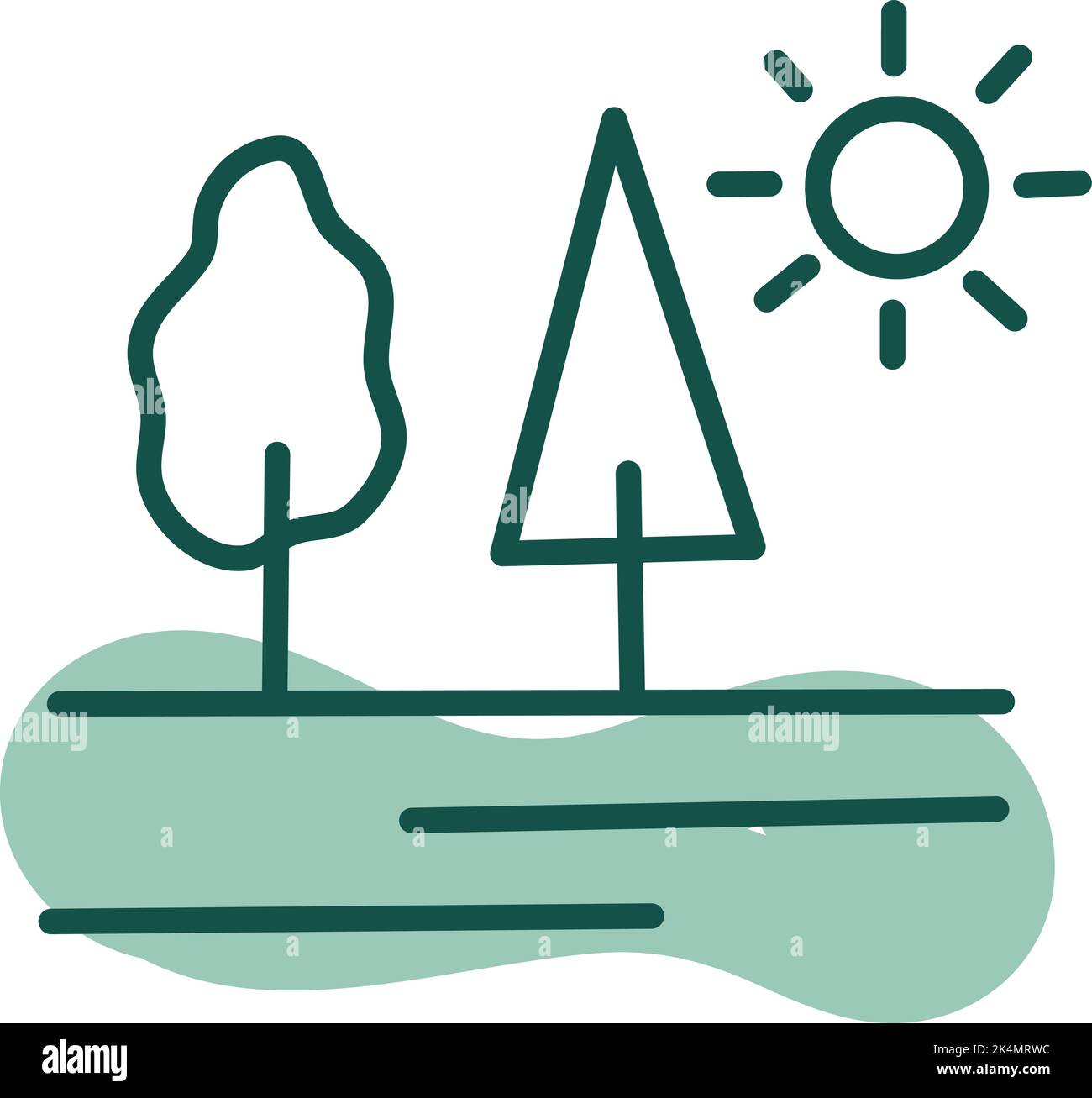 Sun shinning over trees, illustration, vector on a white background. Stock Vector