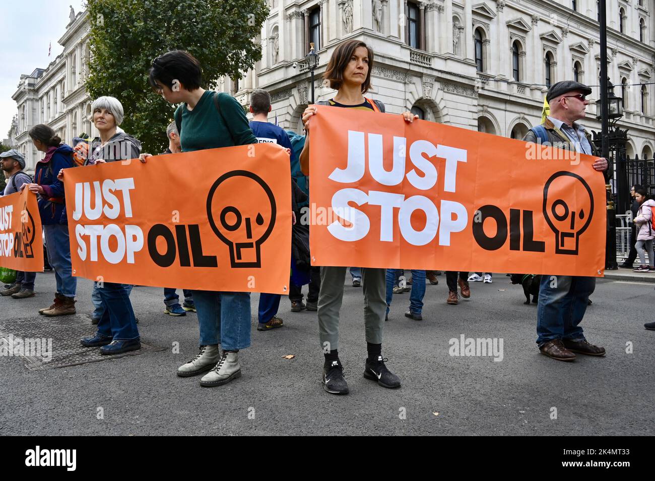 London, UK. Just Stop Oil Protest in Whitehall, Westminster. A group of activists staged a sit in outside No 10 Downing Street and Trafalgar Square. They have pledged to return every day until the government meets their demands. Stock Photo