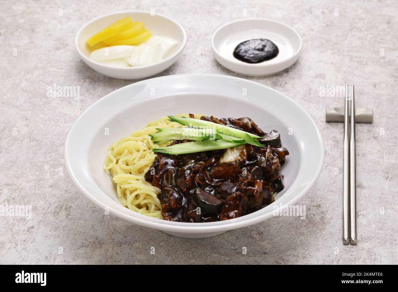 Jajangmyeon is a popular Korean Chinese dish known as Korean black bean noodles. Stock Photo