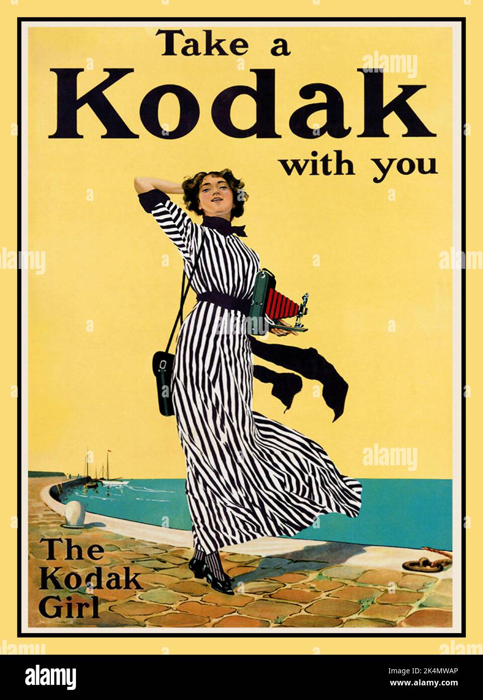 KODAK GIRL Vintage c1913 Poster advertisement 'TAKE A KODAK WITH YOU',  illustrating an independent women holding a Kodak folding bellows roll film camera, at the beginning of a new technology era, embracing a forward looking marketing strategy by Eastman Kodak that included the new iconic “Kodak Girl” Stock Photo