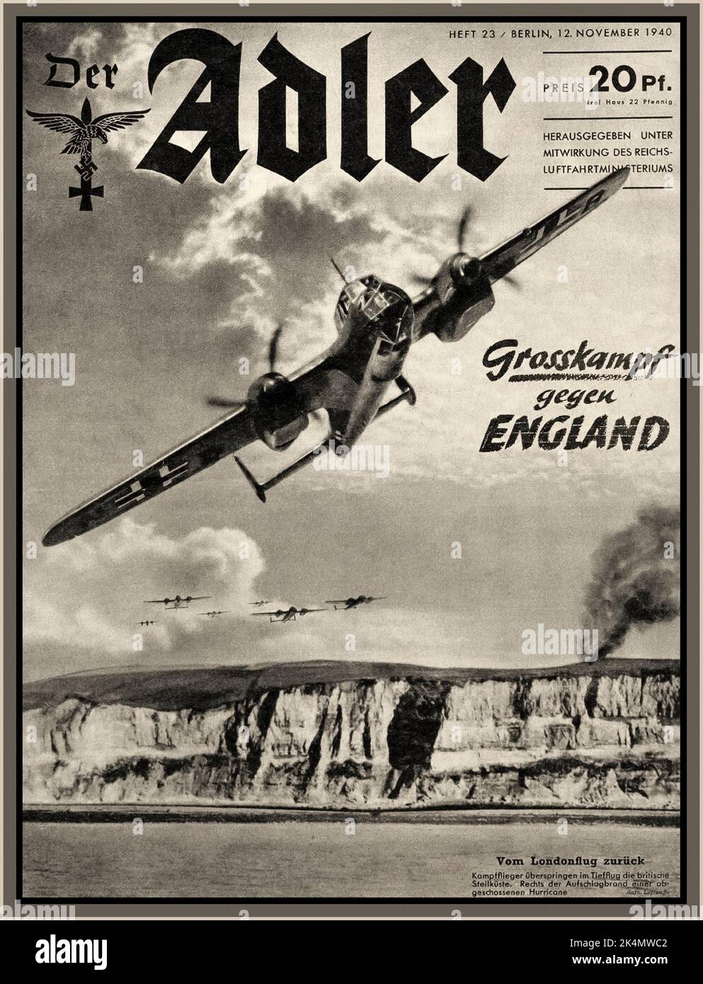 THE BLITZ BATTLE OF BRITAIN  WW2 DER ADLER Nazi Luftwaffe Propaganda magazine 1940 ‘GROSSKAMPF gegen ENGLAND’ “Big fight over England” with Nazi Germany Luftwaffe bombers and fighter planes flying over the White Cliffs of Dover Great Britain World War II Second World War Battle of Britain and The Blitz Stock Photo