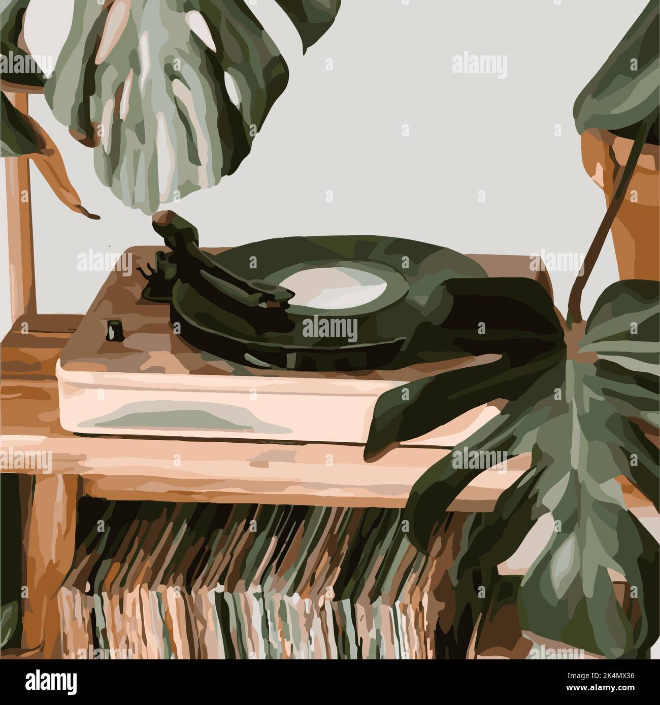 Vinyl record player on the background of the monstera. Vector fashion illustration Stock Vector