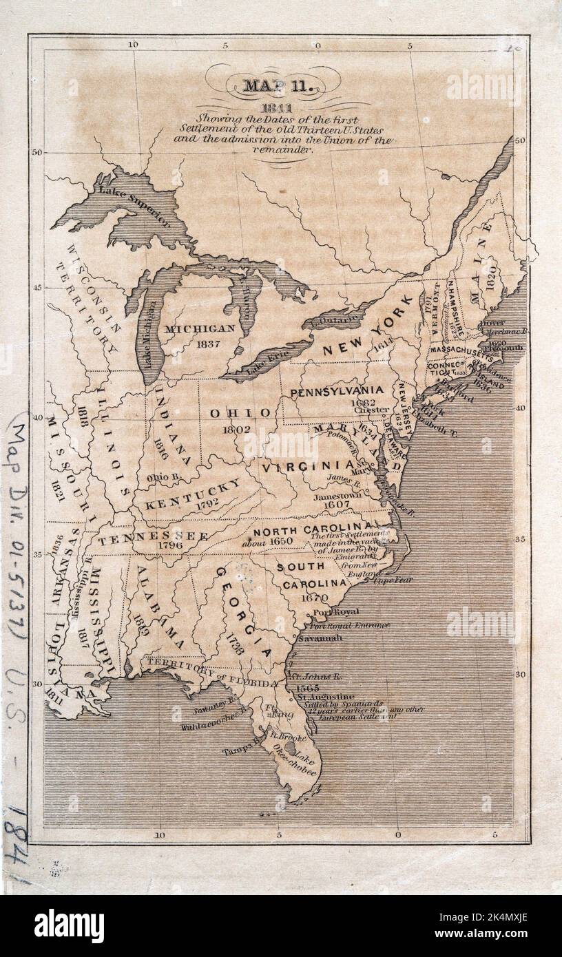 1841, showing the dates of the first settlement of the old Thirteen U