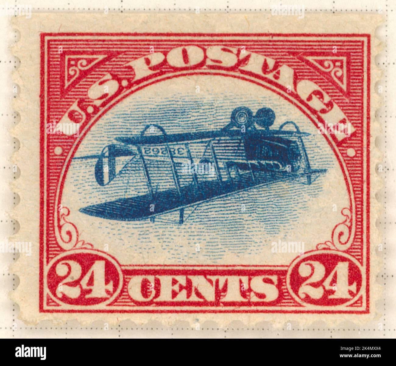 24c Curtiss Jenny single Additional title: Inverted Jenny stamp. Benjamin K. Miller collection of United States stamps 1918; Unwatermarked; Stock Photo