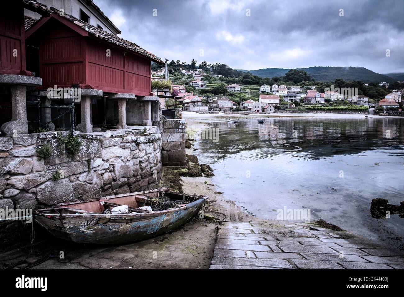 Horreo and old boat in Combarro. Pontevedra. Galicia. Combarro (Poyo). Seafaring town, close to both the provincial capital, Pontevedra. Remarkable Stock Photo
