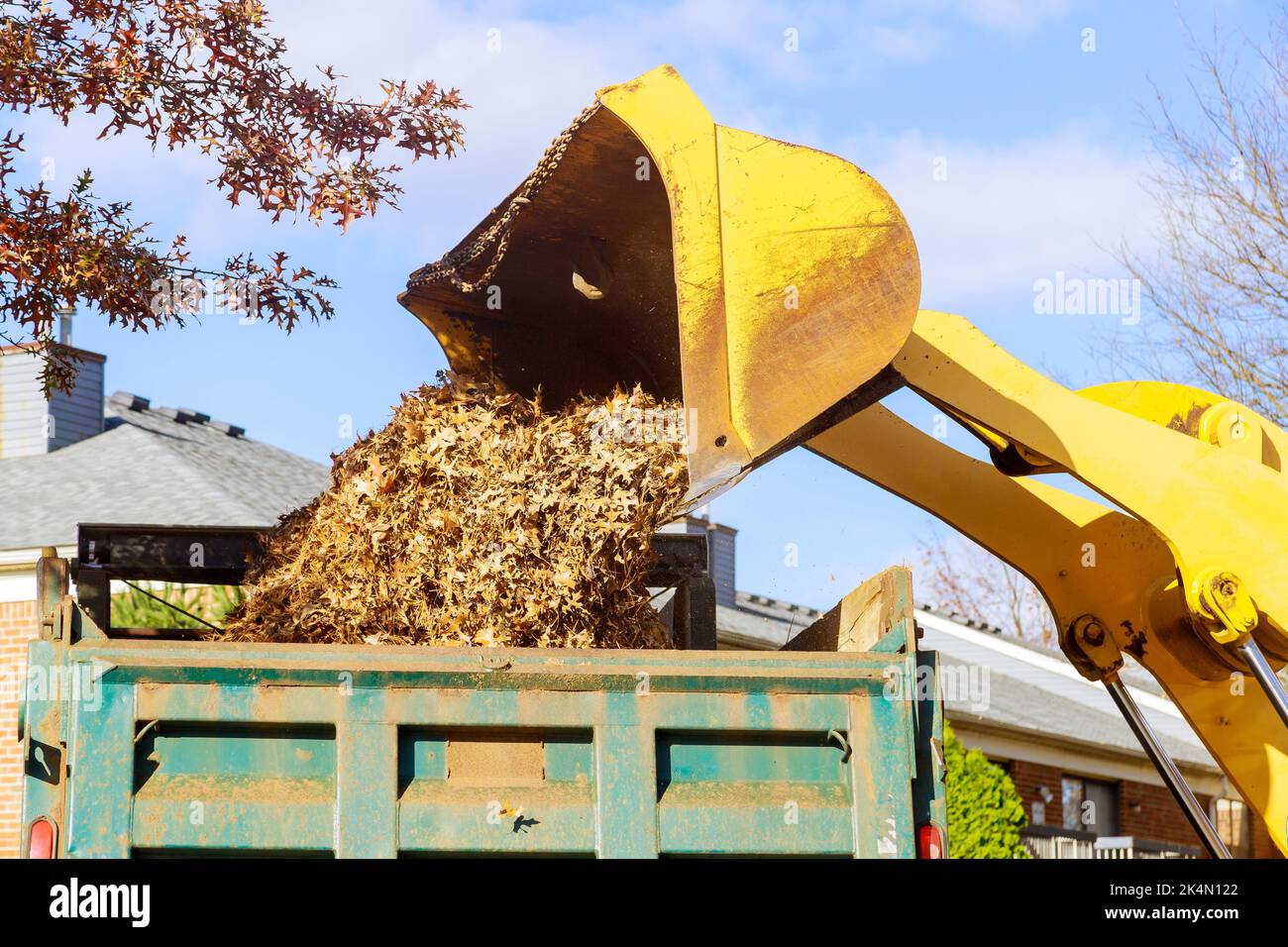 It is a routine practice in autumn when municipal workers remove fallen leaves using an excavator and a truck in the neighbourhood of homes Stock Photo