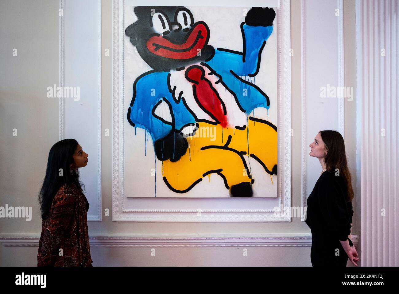London, UK.  3 October 2022. 'Jonny Just Come', 2022, by Slawn. Preview of 'On A Darker Note' an exhibition featuring works by Nigerian London-based artist Slawn at the Arab British Chamber of Commerce in Mayfair.  The new works focus on clowns responding to the blackface minstrel caricatures produced during the era of the Jim Crow laws of racial segregation in the US in the late 19th and early 20th centuries. Credit: Stephen Chung / Alamy Live News Stock Photo