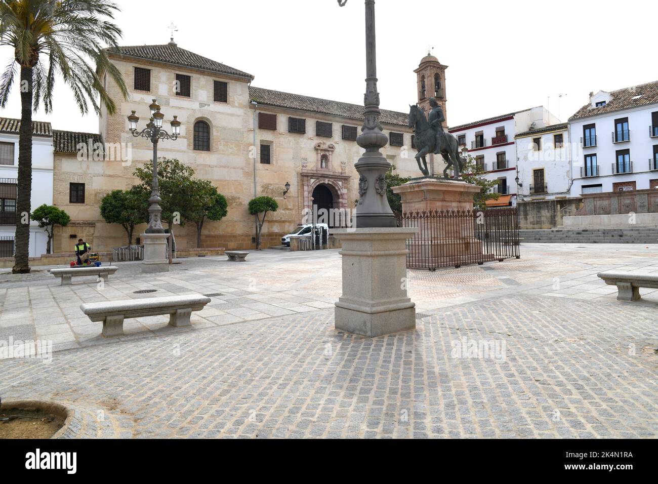 Antequera, Coso Viejo square with equestrian statue of king Fernando I de Antequera rey de Aragón and Santa Catalina de Siena Convent. Málaga, Stock Photo