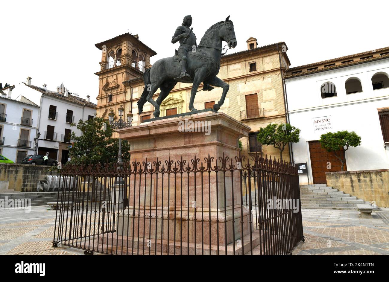 Antequera, Coso Viejo square with equestrian statue of king Fernando I de Antequera rey de Aragón. Málaga, Andalusia, Spain. Stock Photo