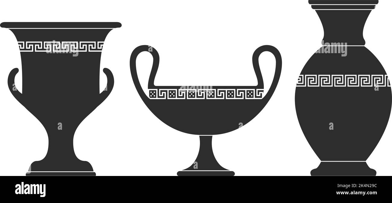 Vase silhouettes set. Various antique ceramic vases. Ancient greek jars and amphorae silhouettes. Clay vessels pottery illustration. Stock Vector