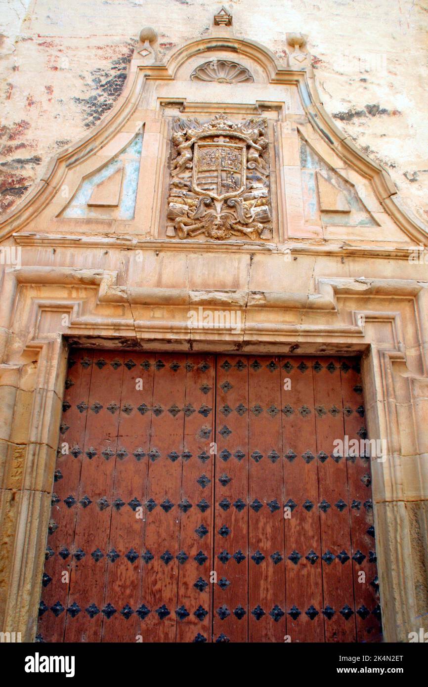 coat of arms and door of the palace of the Viceroy of Manila, Fernando de Valdés y Tamón, Molina de Aragón, Guadalajara, Spain Stock Photo