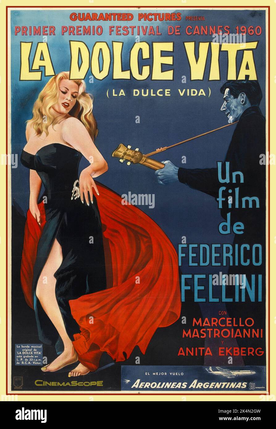 LA DOLCE VITA Vintage 1960's cinema film movie poster Italian for 'the sweet life' or 'the good life'  a 1960 comedy-drama film directed and co-written by Federico Fellini. The film follows Marcello Rubini (Marcello Mastroianni), a journalist writing for gossip magazines, on his journey through the 'sweet life' of Rome in a fruitless search for love and happiness. The screenplay, was co-written by Fellini and three other screenwriters. Festival de Cannes 1960 Stock Photo