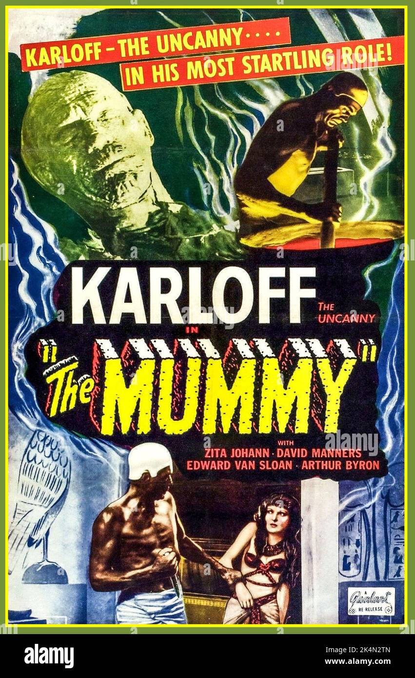 Boris Karloff in The Mummy Vintage Movie Film Poster Classic horror cinema movie, starring Boris Karloff (the uncanny) Zita Johnson, David Manners, Edward Van Sloan, Arthur Byron.The Mummy is a 1932 American pre-Code supernatural horror film directed by Karl Freund. The screenplay by John L. Balderston was adapted from a treatise written by Nina Wilcox Putnam and Richard Schayer. Released by Universal Studios as a part of the Universal Classic Monsters franchise Stock Photo
