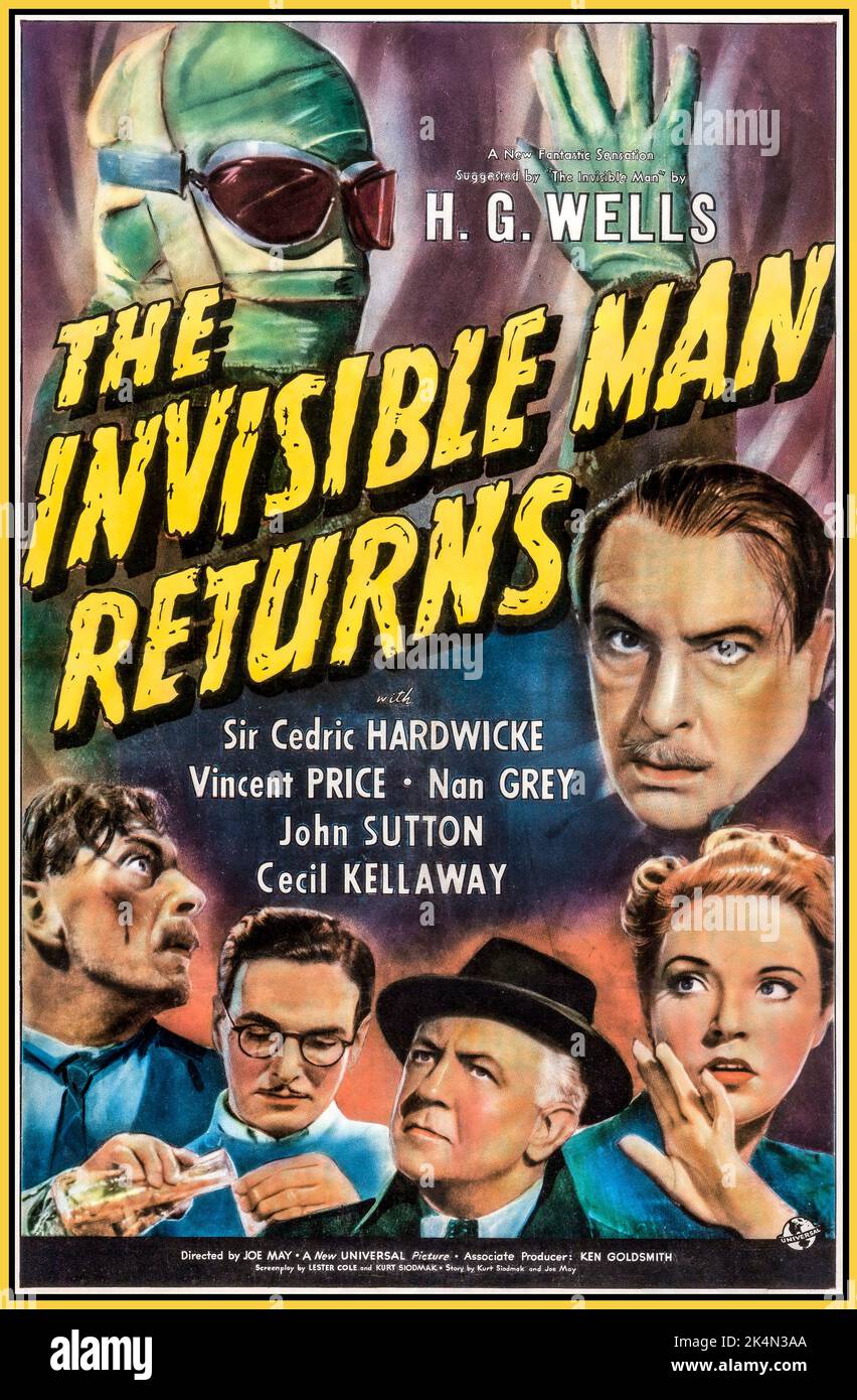 THE INVISIBLE MAN RETURNS Vintage movie film poster  1940 directed by Joe May starring Sir Cedric Hardwicke, Vincent Price, Nan Grey, John Sutton and Cecil Kellaway. Film inspired by H G Wells. Universal Pictures Hollywood USA Stock Photo
