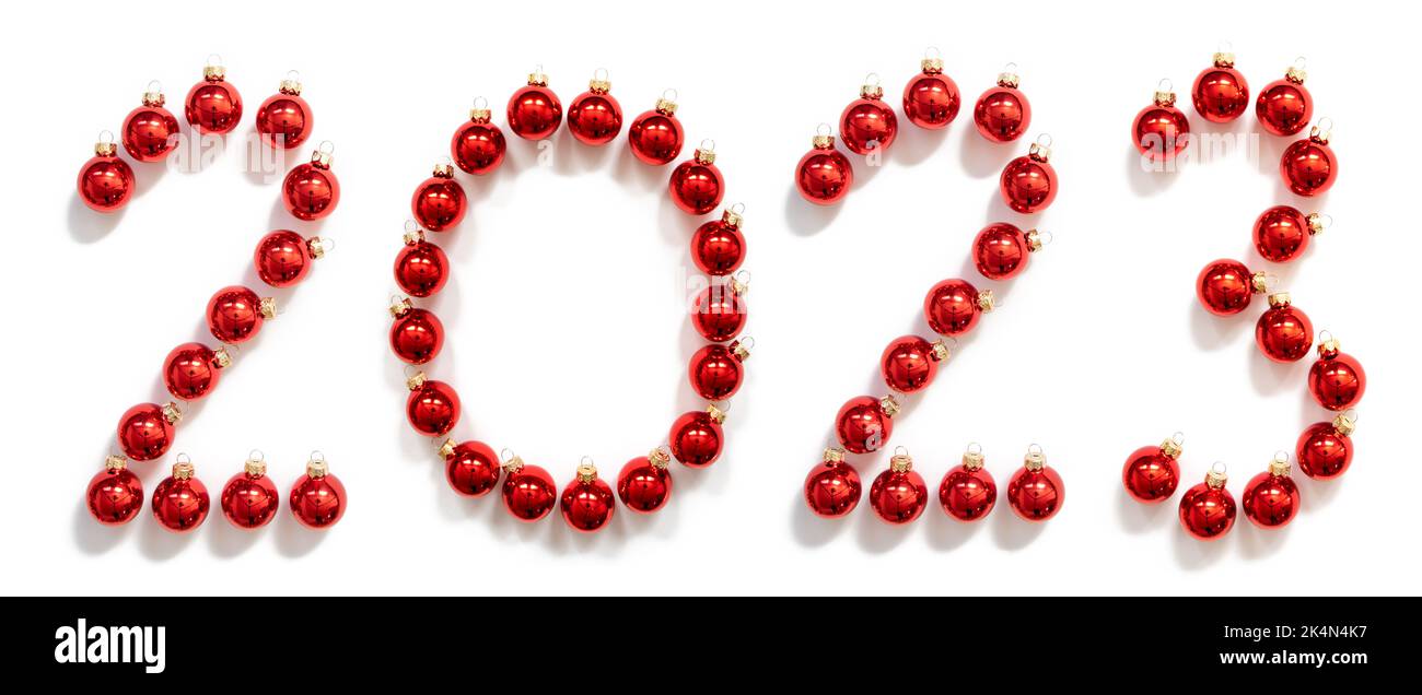 Red Christmas Ball Ornament Building Word 2023, White Background Stock