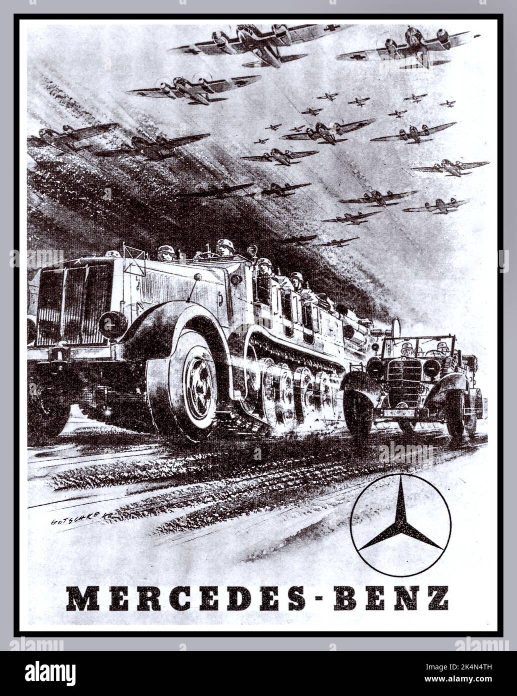 Mercedes WW2 Industrial War Production Poster. Troop carriers, personnel transport, aircraft engines etc. Nazi war work mechanised transport. World War II Second World War Nazi Germany Stock Photo
