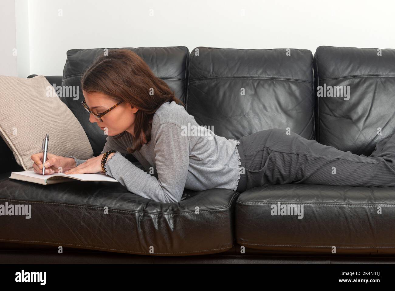 Woman writing in a notebook, laying on sofa Stock Photo Alamy
