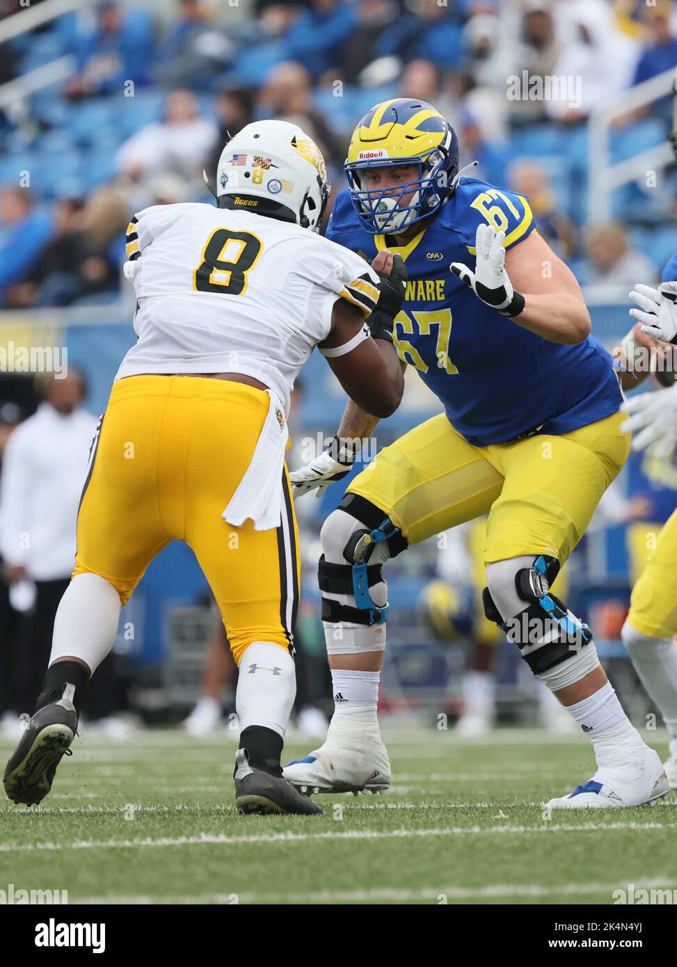 Newark, Delaware, USA. 1st Oct, 2022. Delaware offensive linemen BLAISE SPARKS (67) in action during a week five game between the Delaware Blue Hens and the Towson Tiger Saturday, Oct. 01, 2022; at Tubby Raymond Field at Delaware Stadium in Newark, DE. (Credit Image: © Saquan Stimpson/ZUMA Press Wire) Stock Photo