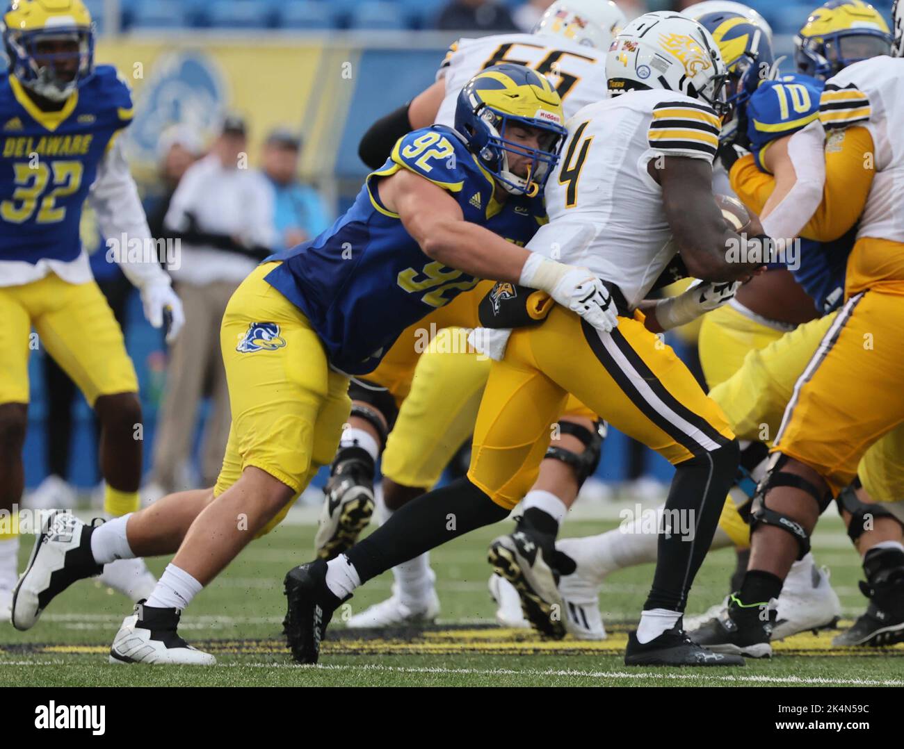 Newark, Delaware, USA. 1st Oct, 2022. Delaware Fightin Blue Hens defensive end TOMMY WALSH (92) in action during a week five game between the Delaware Blue Hens and the Towson Tiger Saturday, Oct. 01, 2022; at Tubby Raymond Field at Delaware Stadium in Newark, DE. (Credit Image: © Saquan Stimpson/ZUMA Press Wire) Stock Photo