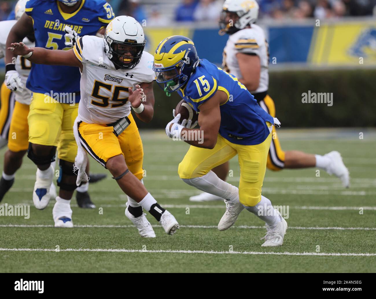 Newark, Delaware, USA. 1st Oct, 2022. Delaware Fightin Blue Hens wide receiver JAMES COLLINS (15) in action during a week five game between the Delaware Blue Hens and the Towson Tiger Saturday, Oct. 01, 2022; at Tubby Raymond Field at Delaware Stadium in Newark, DE. (Credit Image: © Saquan Stimpson/ZUMA Press Wire) Stock Photo