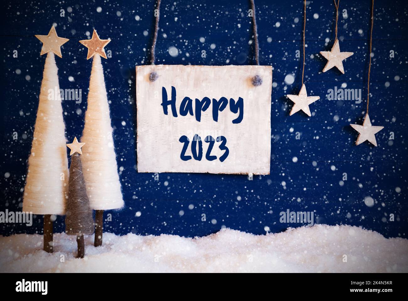 Christmas Tree, Blue Background, Snow, Text Happy 2023, Snowflakes Stock Photo Alamy