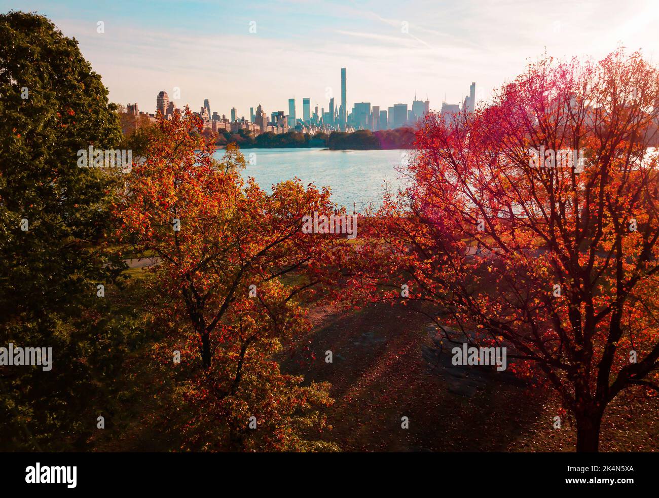 New york buildings from the trees with autumn scenery at Central park aerial photo Stock Photo