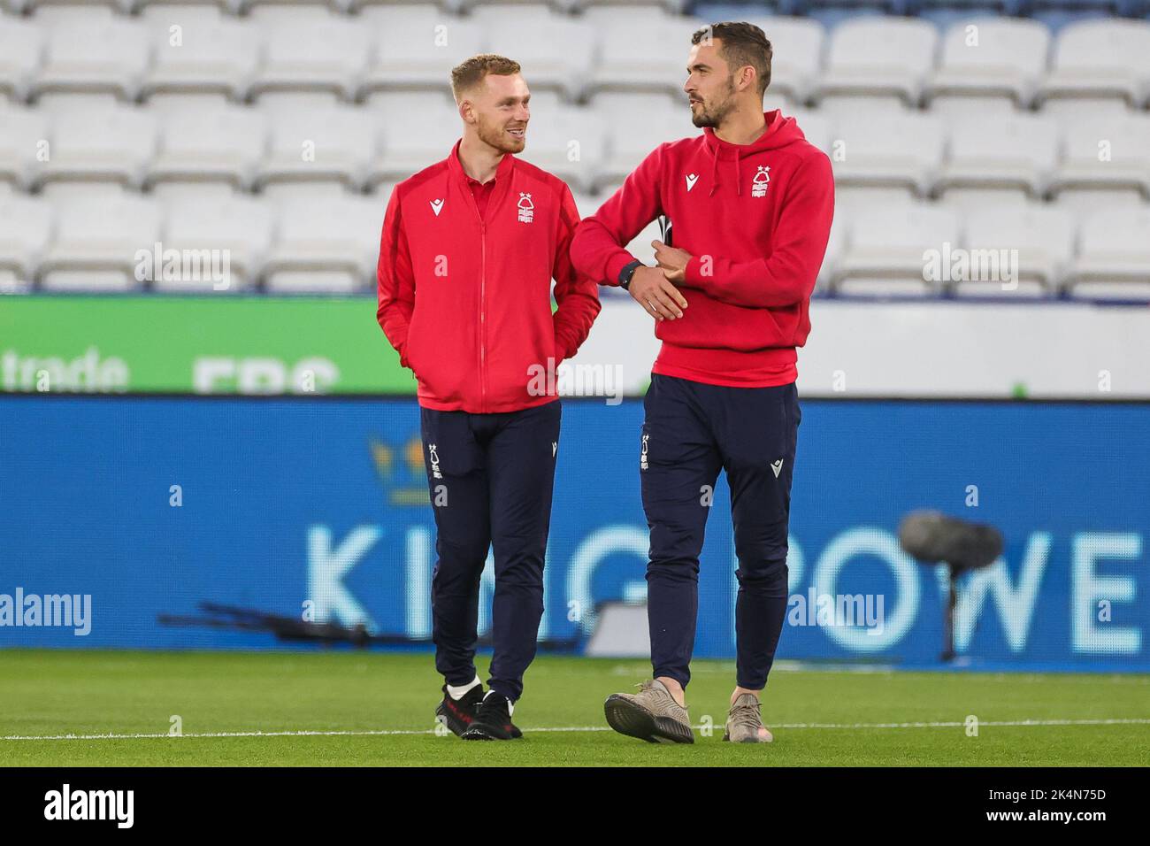 Lewis O'Brien #14 and Harry Toffolo #15 of Nottingham Forest arrive ahead of the Premier League match Leicester City vs Nottingham Forest at King Power Stadium, Leicester, United Kingdom, 3rd October 2022  (Photo by Mark Cosgrove/News Images) Stock Photo
