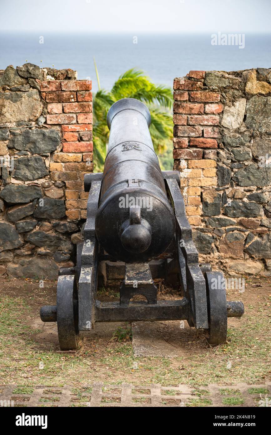 Medieval canon at Fort King George Scarborough Tobago local turism attraction Stock Photo