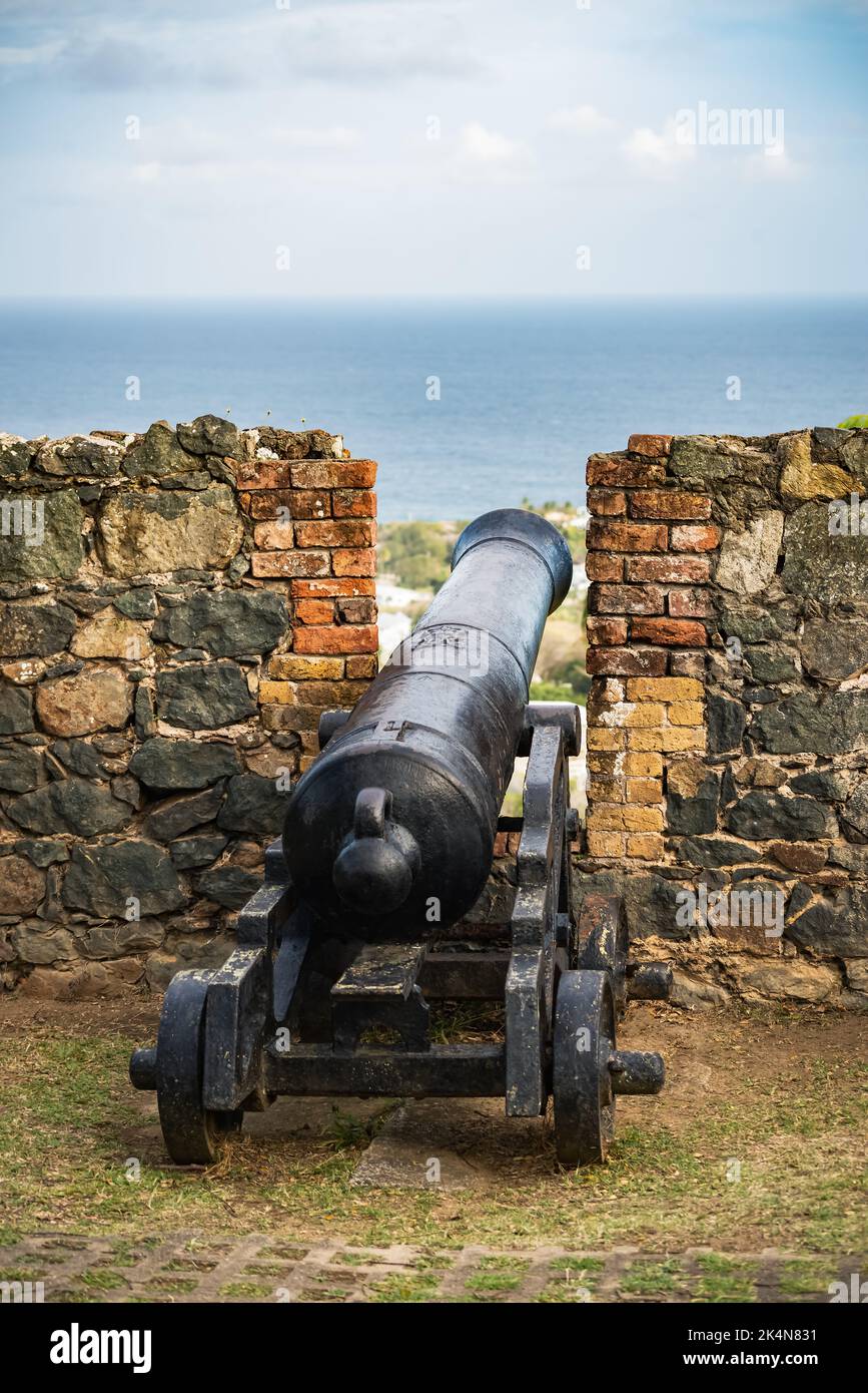 Medieval canon at Fort King George Scarborough Tobago local tourism attraction Stock Photo