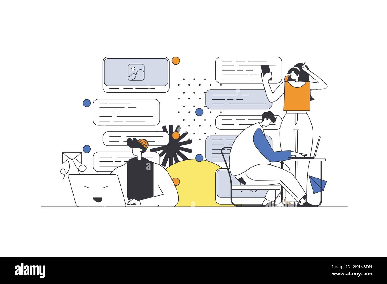 Messaging service web concept in flat outline design with characters ...