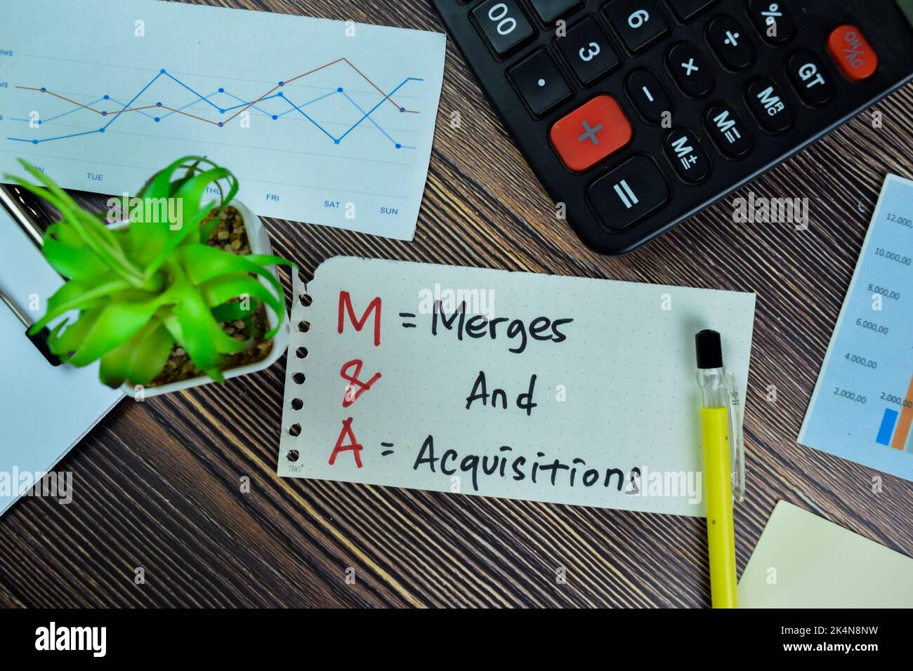 Concept of Merges and Acquisitions write on sticky notes isolated on Wooden Table. Stock Photo