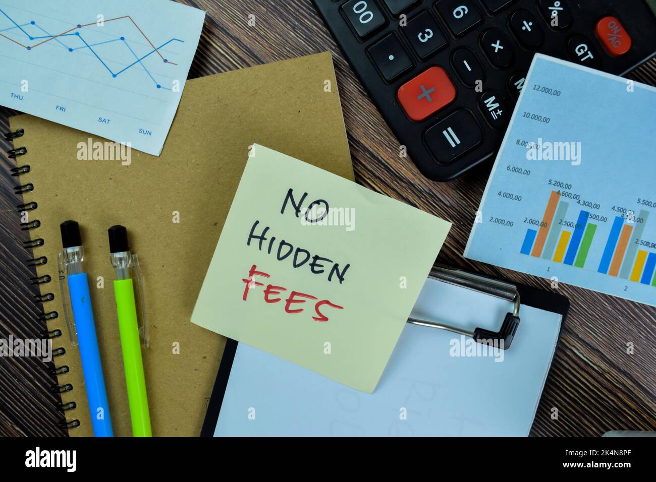 Concept of No Hidden Fees write on sticky notes isolated on Wooden Table. Stock Photo