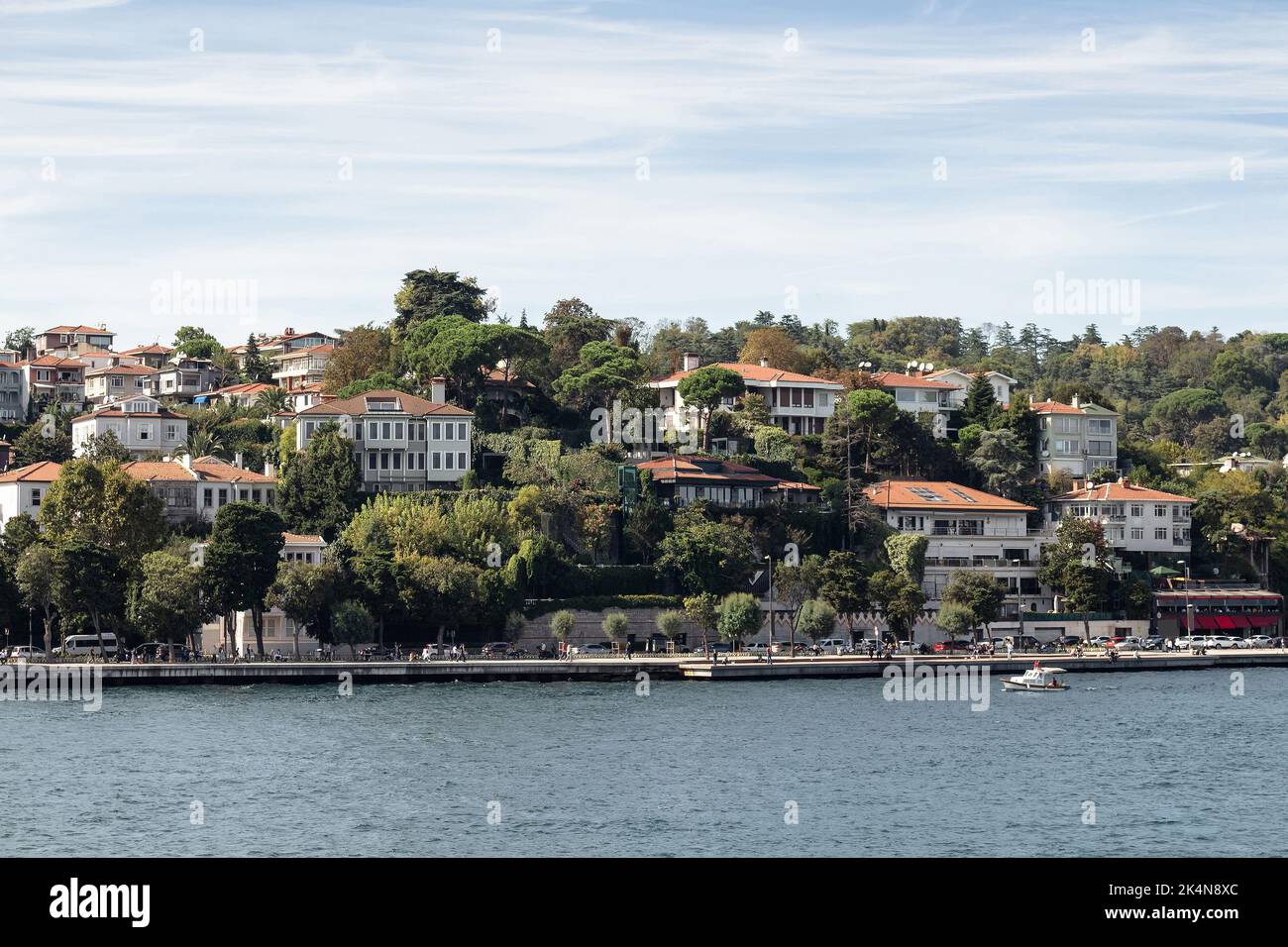 View of a neighborhood called Emirgan by Bosphorus on European side of Istanbul. It is a sunny summer day. Beautiful travel scene. Stock Photo