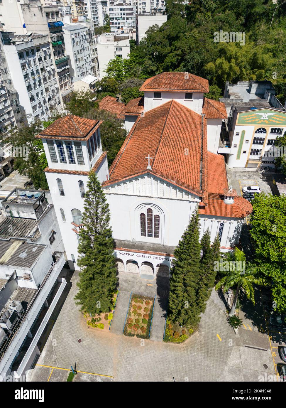 Beautiful aerial view to big white church building in the city Stock Photo