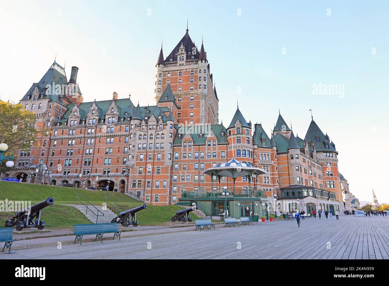 Chateau Frontenac and Dufferin Terrasse in Quebec City, late evening, Canada Stock Photo