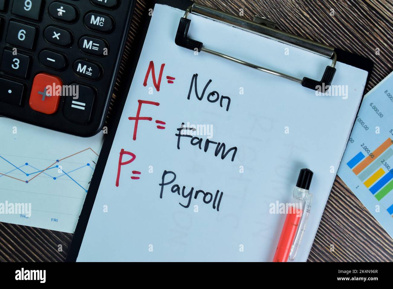 Concept of NFP - Non Farm Payroll write on paperwork isolated on Wooden Table. Stock Photo