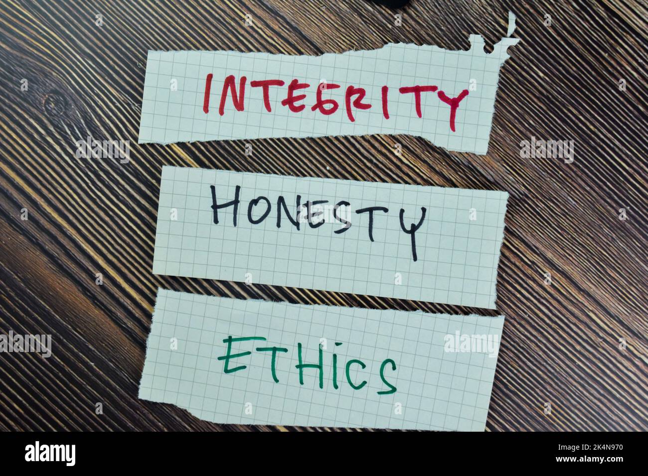 Concept of Integrity, Honesty and Ethics write on sticky notes isolated on Wooden Table. Stock Photo