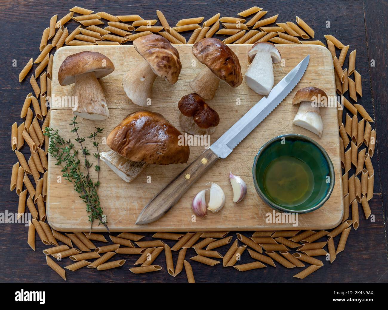 Ingredients for delicious dish consisting of boletus porcini mushrooms
