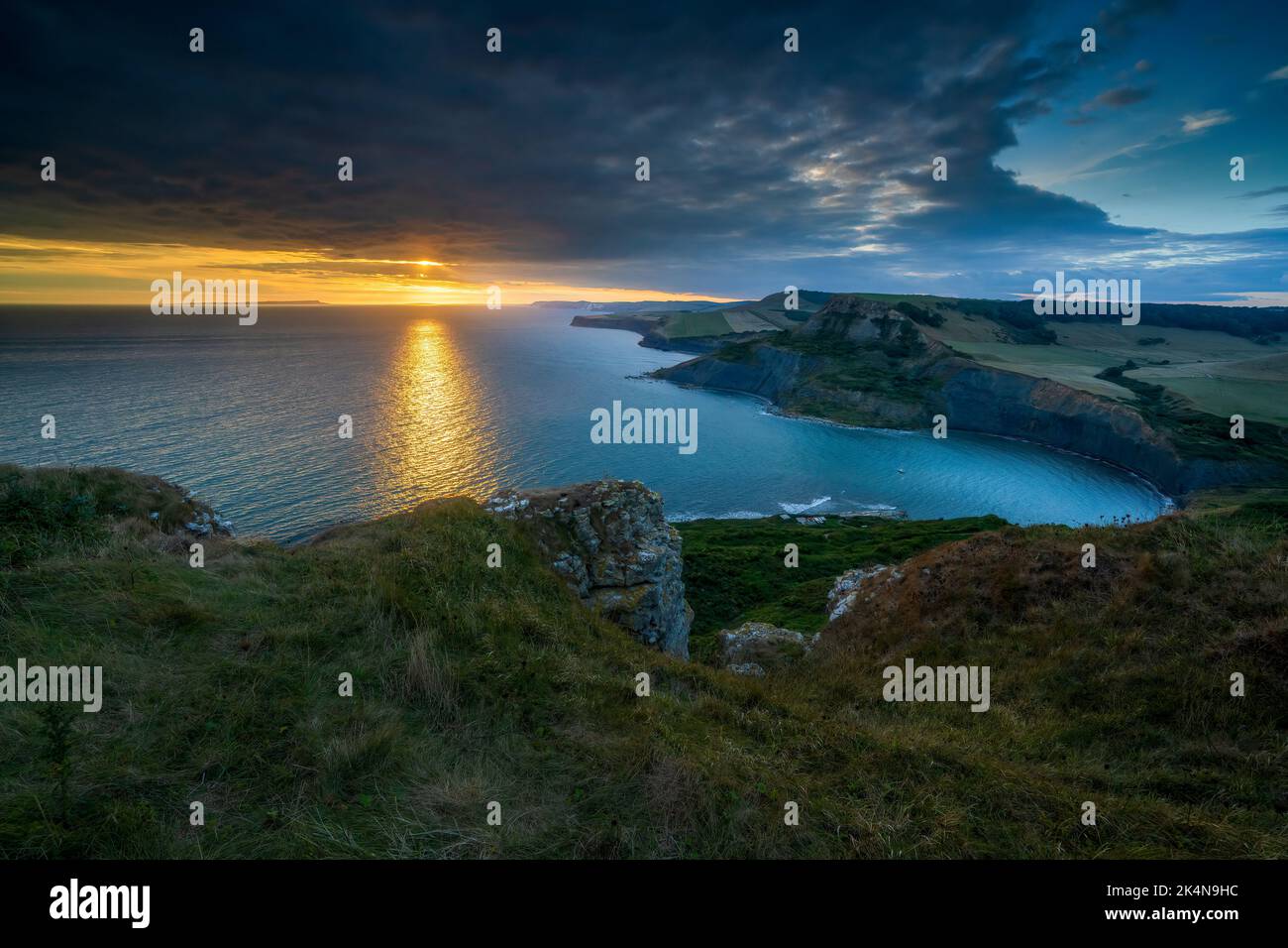 Chapman's Pool at sunset, seen from Emmett's Hill. Worth Matravers, Isle of Purbeck, Dorset, Uk Stock Photo