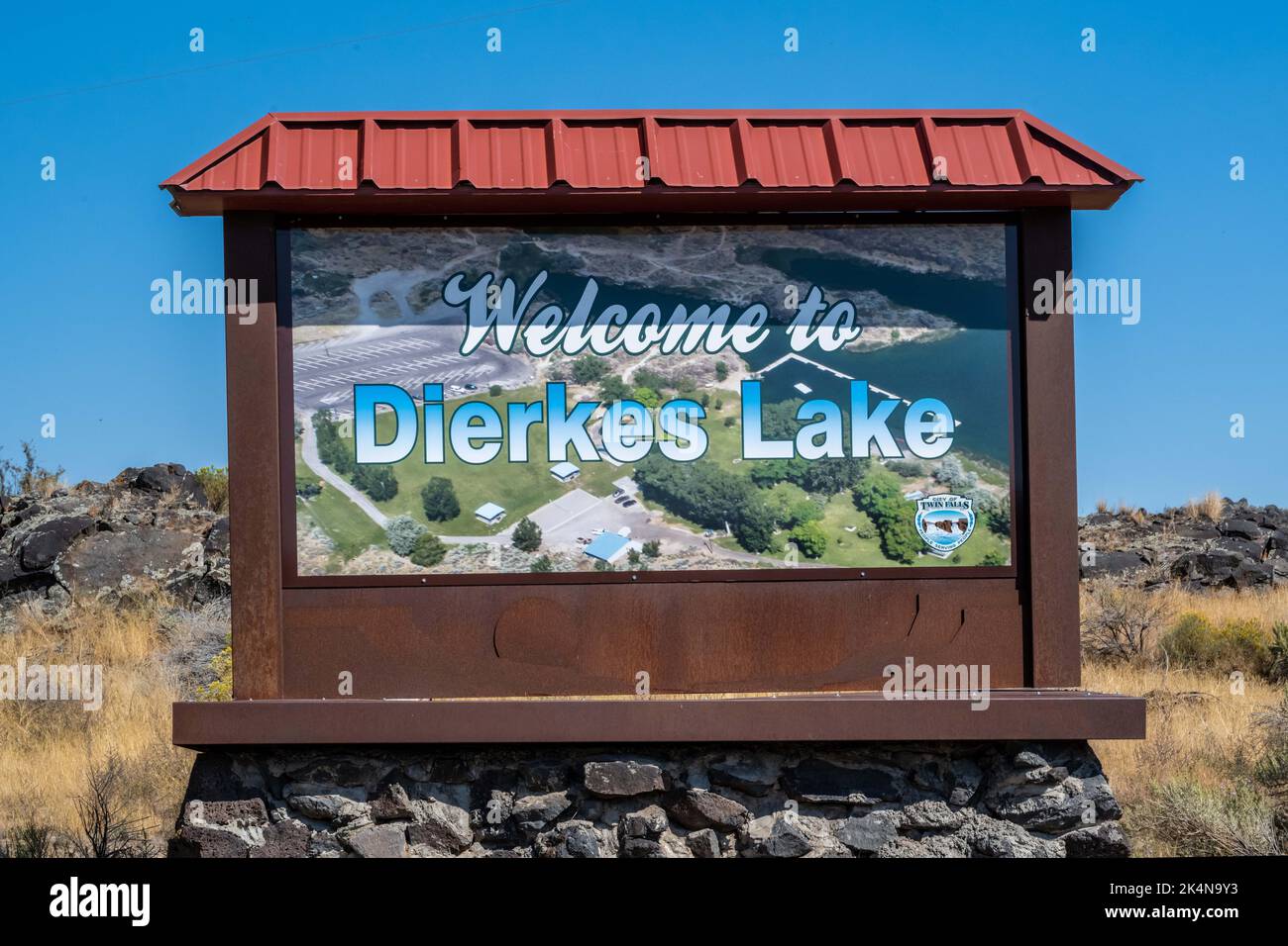 Twin Falls, ID, USA - Sept 12, 2021: A welcoming signboard at the entry point of preserve lake Stock Photo