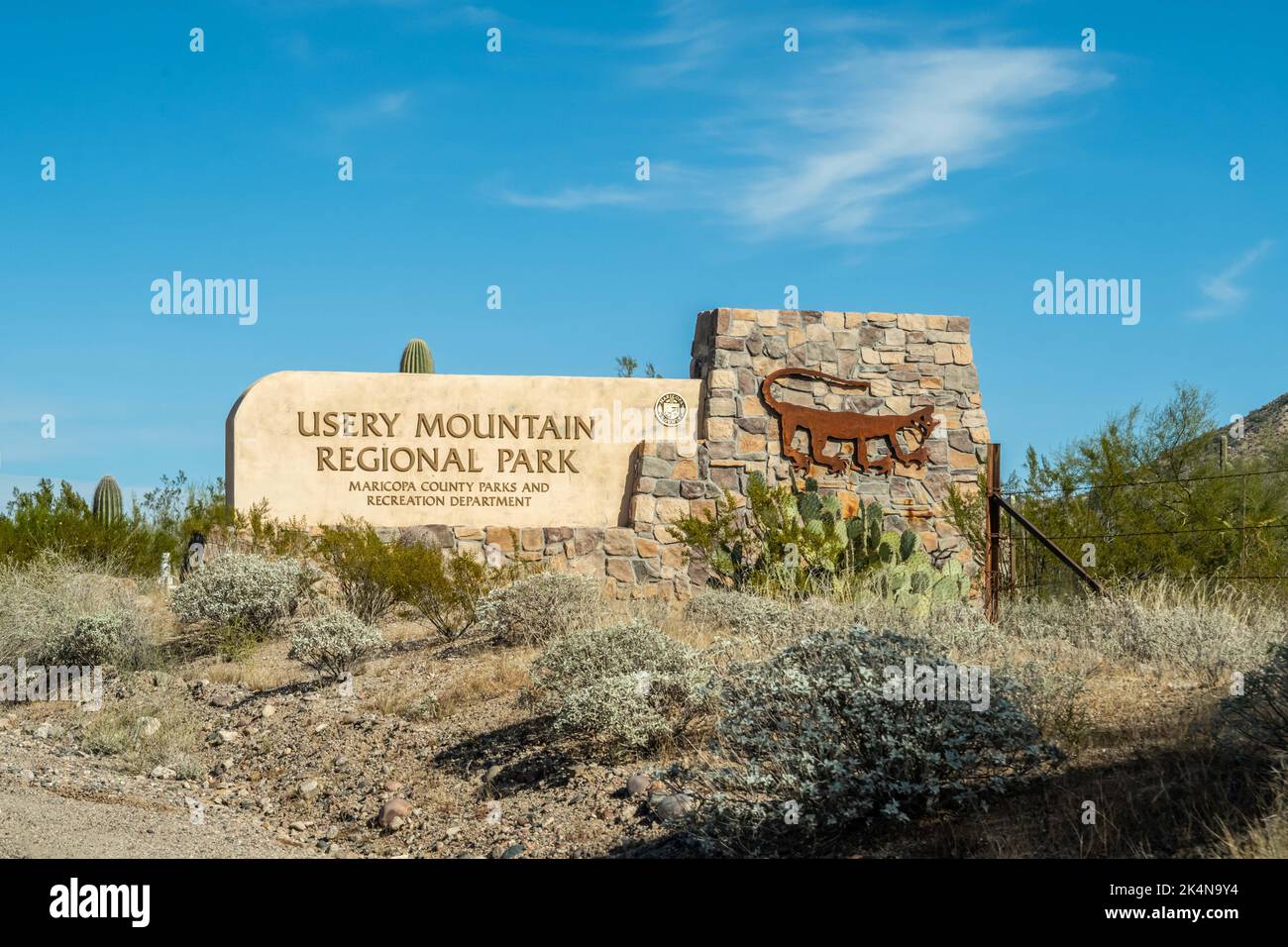 Usery Mountain Park, AZ, USA - Dec 22, 2021: A welcoming signboard at the entry point of preserve park Stock Photo