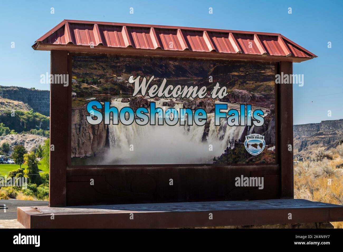 Twin Falls, ID, USA - Sept 12, 2021: A welcoming signboard at the entry point of preserve falls Stock Photo