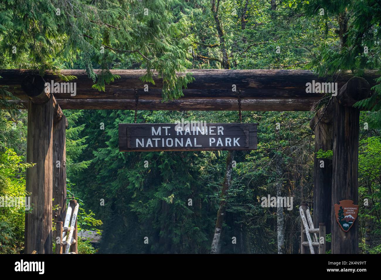 Mt Rainer NP, WA, USA - August 14, 2021: A welcoming signboard at the entry point of preserve park Stock Photo