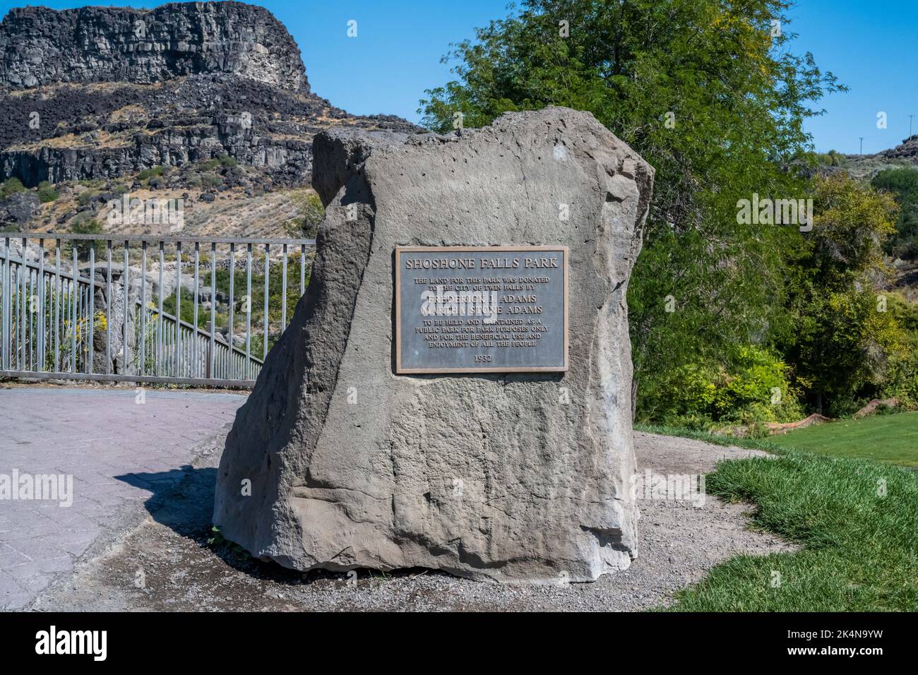 Twin Falls, ID, USA - Sept 12, 2021: The Shoshone Falls Park stone marker Stock Photo